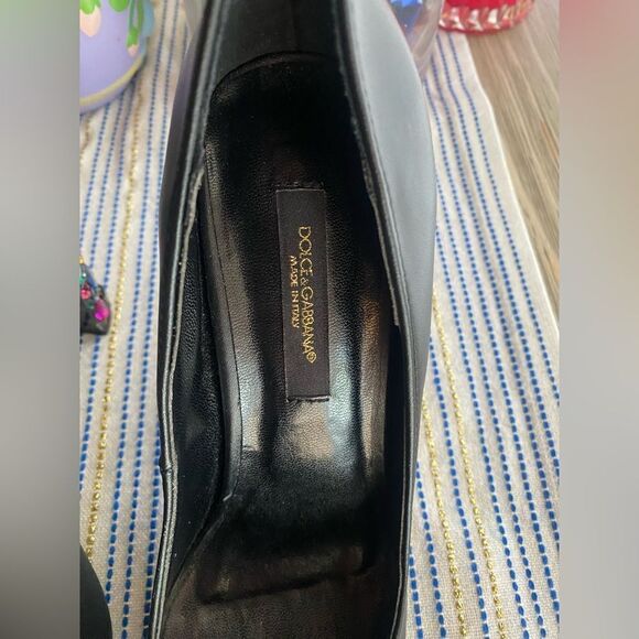 Dolce&Gabbana Heels Pumps Shoes Pointed Toe Black High Block Rhinestone Sz 37 - Picture 3 of 8